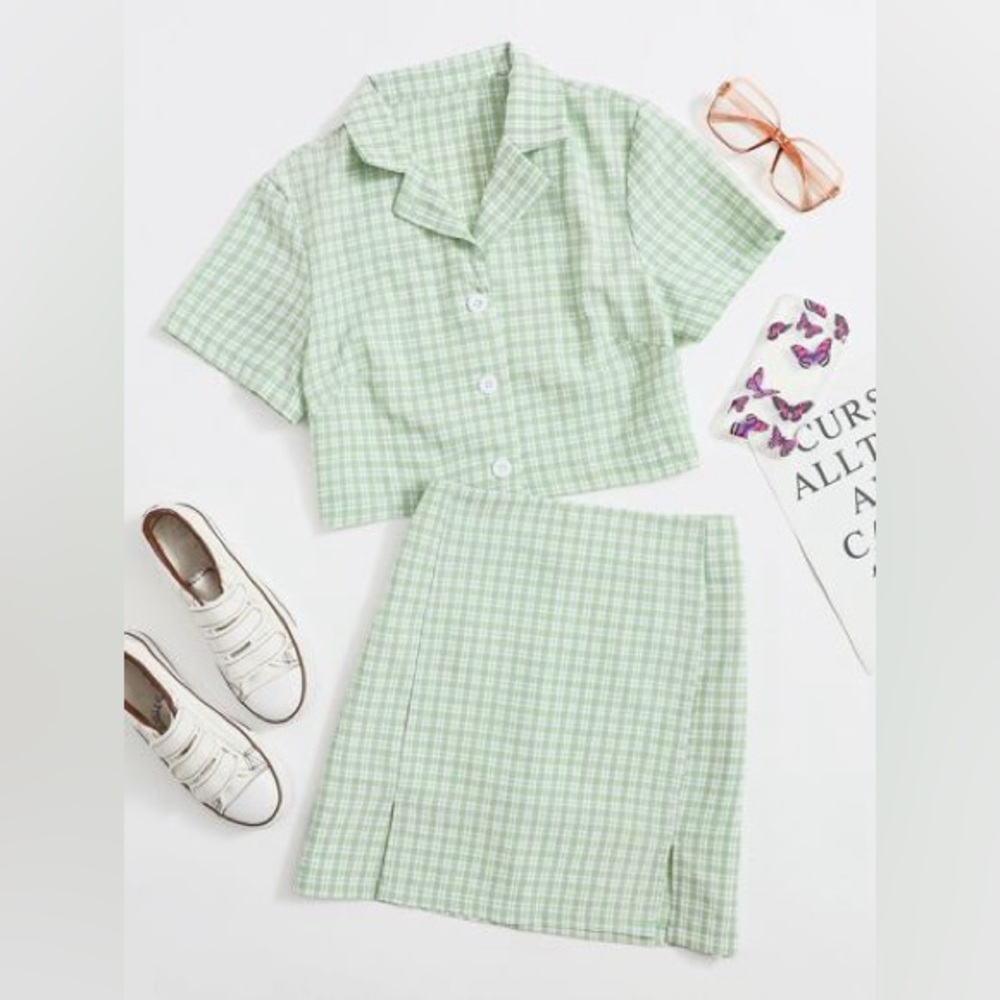 GREEN PLAID SKIRT SET